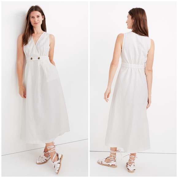 MADEWELL Linen Blend Button-Waist Wrap Midi Dress - Picture 2 of 9